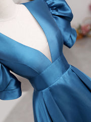 Prom Dresses Sale, A-Line V Neck Satin Long Prom Dresses, Blue Satin Long Evening Dress