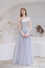 Bridesmaids Dresses Long, A Line V-neck Shiny Sequin Beaded Prom Dresses