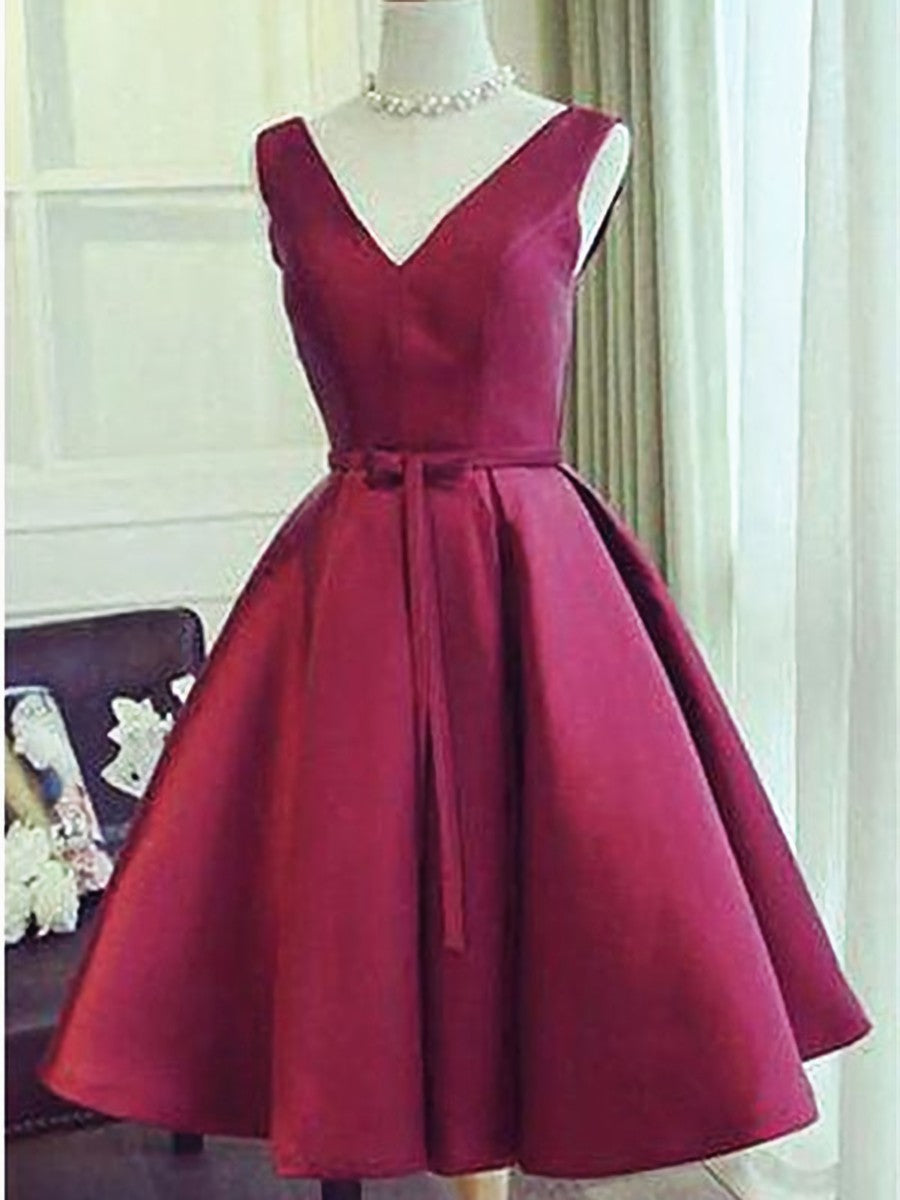 Party Dress For Christmas Party, A Line V Neck Short Burgundy Prom Dresses, Short V Neck Wine Red Graduation Homecoming Dresses