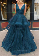 Prom Dresses 2018, A-line V Neck Sleeveless Long/Floor-Length Tulle Glitter Prom Dress With Pleated