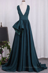 Party Dress Red Colour, A Line V Neck V Back Green Satin Long Prom Dresses, Long Green Formal Evening Dresses