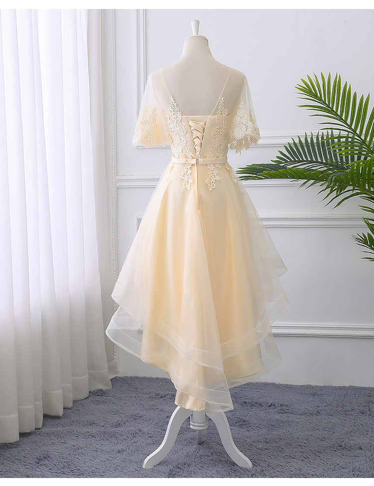 Prom Dress 3 5 Sleeves, Adorable Light Champagne High Low Party Dress with Lace Applique, Short Homecoming Dress