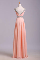 Wedding Inspiration, Best Selling Prom Dresses, A Line V Neck Floor Length Chiffon Zipper Back