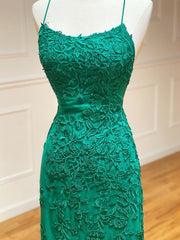 Party Dress Satin, Backless Green Mermaid Lace Prom Dresses, Open Back Green Lace Mermaid Formal Evening Dresses