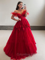 Prom Dresses Long Ball Gown, Ball Gown Off-the-Shoulder Sweep Train Tulle Prom Dresses With Flower