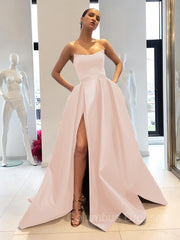 Prom Dress V Neck, Ball Gown Strapless Sweep Train Satin Prom Dresses With Leg Slit