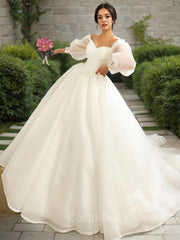 Wedding Dresses Sleeved, Ball Gown Sweetheart Sweep Train Satin Wedding Dresses