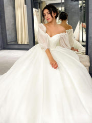 Wedding Dresses Sleeve, Ball Gown Sweetheart Sweep Train Satin Wedding Dresses