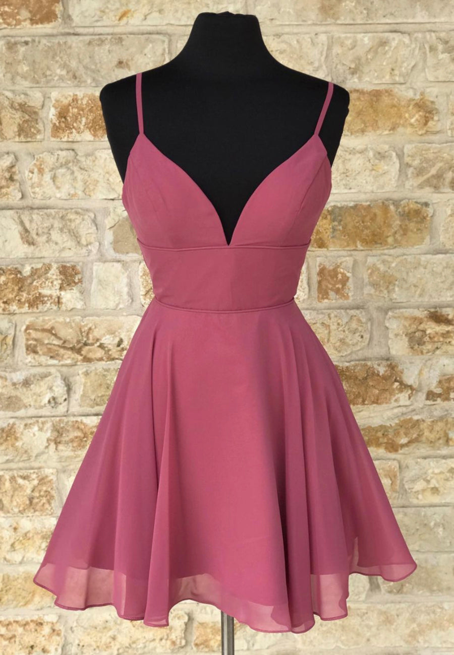 Bridesmaids Dresses Blush, Cute V-Neck Chiffon Short Prom Dresses, A-Line Evening Dresses