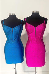 Evening Dresses Wedding, Royal Blue Beaded Sheath Deep V Neck Homecoming Dress