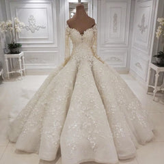 Wedding Dresses V, Beautiful Long Sleevess V neck Appliques Ball Gown Wedding Dress