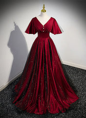 Bridesmaid Dress Fall, Black and Red V-neckline Long Satin Prom Dress,Chic Long A-line Party Dress