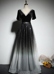 Prom Dresses Outfits, Black Gradient tulle and Velvet Short Sleeves V-neckline Tulle Party Dress, Black Tulle Prom Dress