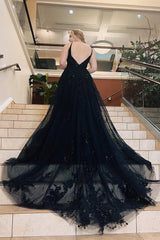 Black Spaghetti Straps A-Line Prom Dress With Appliques