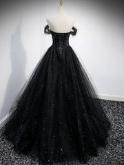 Party Dress For Babies, Black Sweetheart Off Shoulder Tulle Long Prom Dress, Black Evening Dress