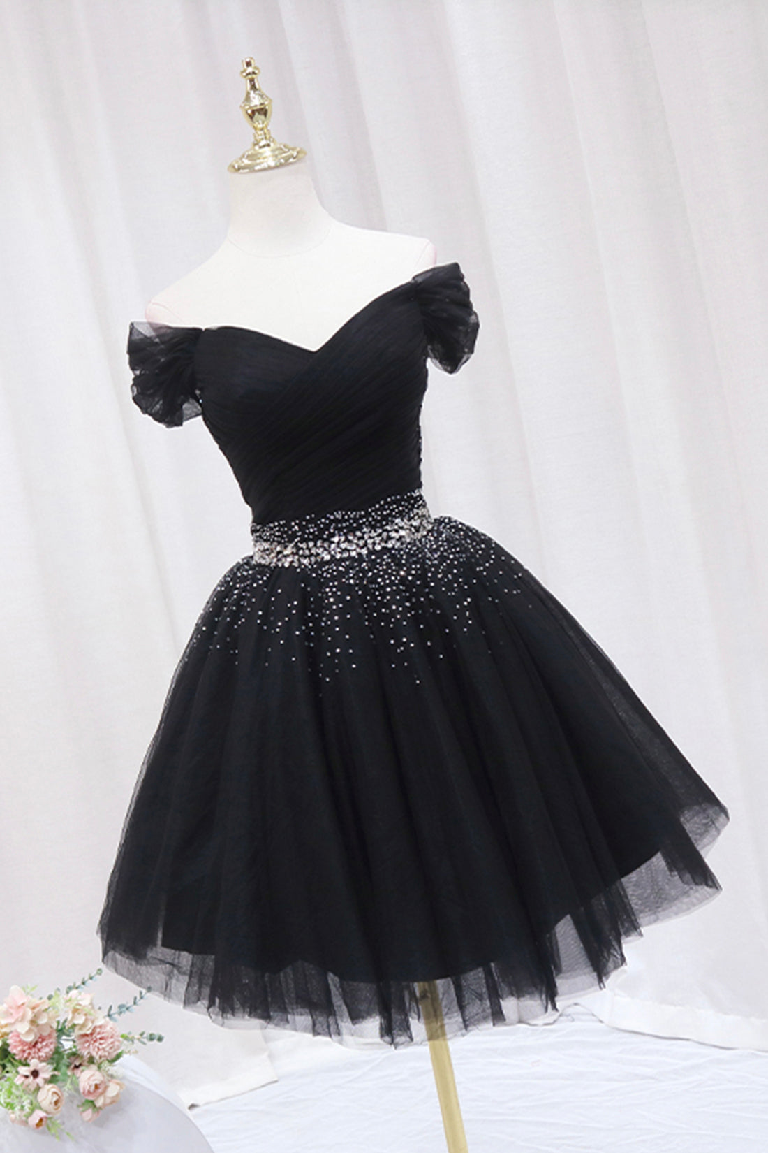 Bridesmaid Dresses Shops, Black Tulle Beaded Short Prom Dress, Off Shoulder Evening Party Dress