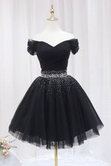 Bridesmaids Dress Shopping, Black Tulle Beaded Short Prom Dress, Off Shoulder Evening Party Dress