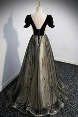 Open Back Prom Dress, Black Tulle Sequins Long Prom Dress, Black A-Line Formal Evening Dress