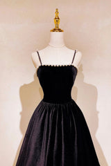 Prom Dresses Elegant, Black Velvet Long Prom Dress with Pearls, Black Spaghetti Straps Evening Party Dress