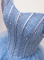 Party Dress Sleeves, Blue Beaded Off Shoulder Tulle Long Formal Dress, Blue Evening Dress Prom Dress