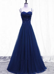 Homecoming Dresses Sparkle, Blue Beaded Straps A-line Tulle New Prom Dress Party Dress, Blue Floor Length Party Dress