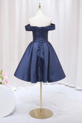 Prom Dress Designer, Blue Knee Length Satin Short Prom Dress, Off the Shoulder Blue Homecoming Dress