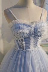 Formal Dresses Australia, Blue Lace Short A-Line Prom Dress, Blue Spaghetti Straps Homecoming Party Dress