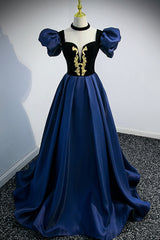 Prom Pictures, Blue Satin Lace Long Prom Dress, Blue Short Sleeve Evening Party Dress