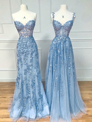 Party Fitness, Blue Sweetheart Neck Lace Long Prom Dresses, Blue Lace Graduation Dress