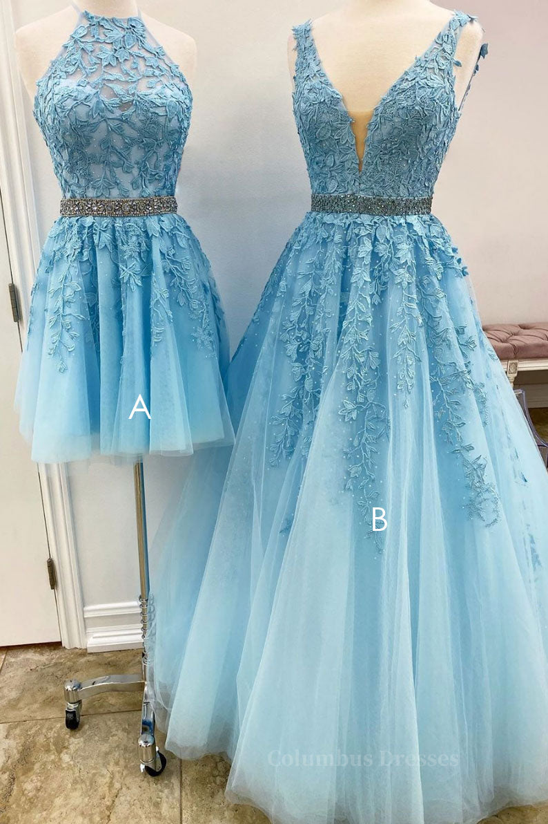 Homecoming Dresses Fashion Outfits, Blue tulle lace A line prom dress blue lace tulle formal dress