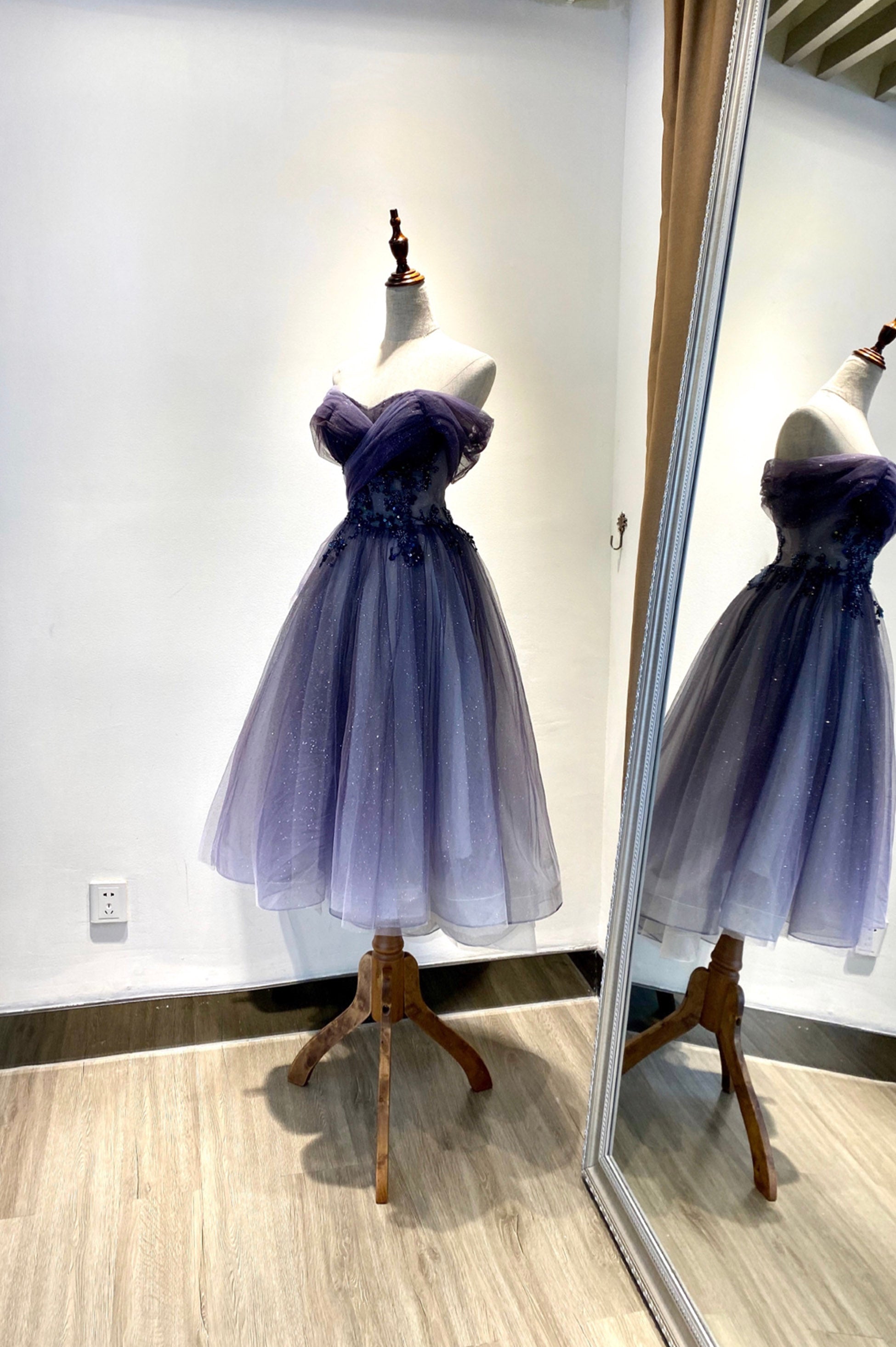 Prom Dress Styles, Blue Tulle Lace Short Prom Dress, Off the Shoulder Evening Party Dress