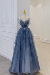 Prom Dresses Store, Blue Tulle Sequins Long Prom Gown, Blue Spaghetti Straps Formal Evening Dress