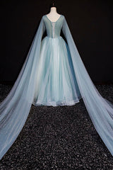 Prom Dresses Ball Gown, Blue V-Neck Lace Long Prom Dress, Blue A-Line Formal Evening Dress