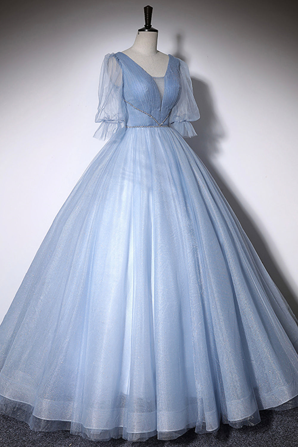 Bridesmaid Dresses For Girls, Blue V-Neck Tulle Long Prom Dress, A-Line Formal Evening Dress