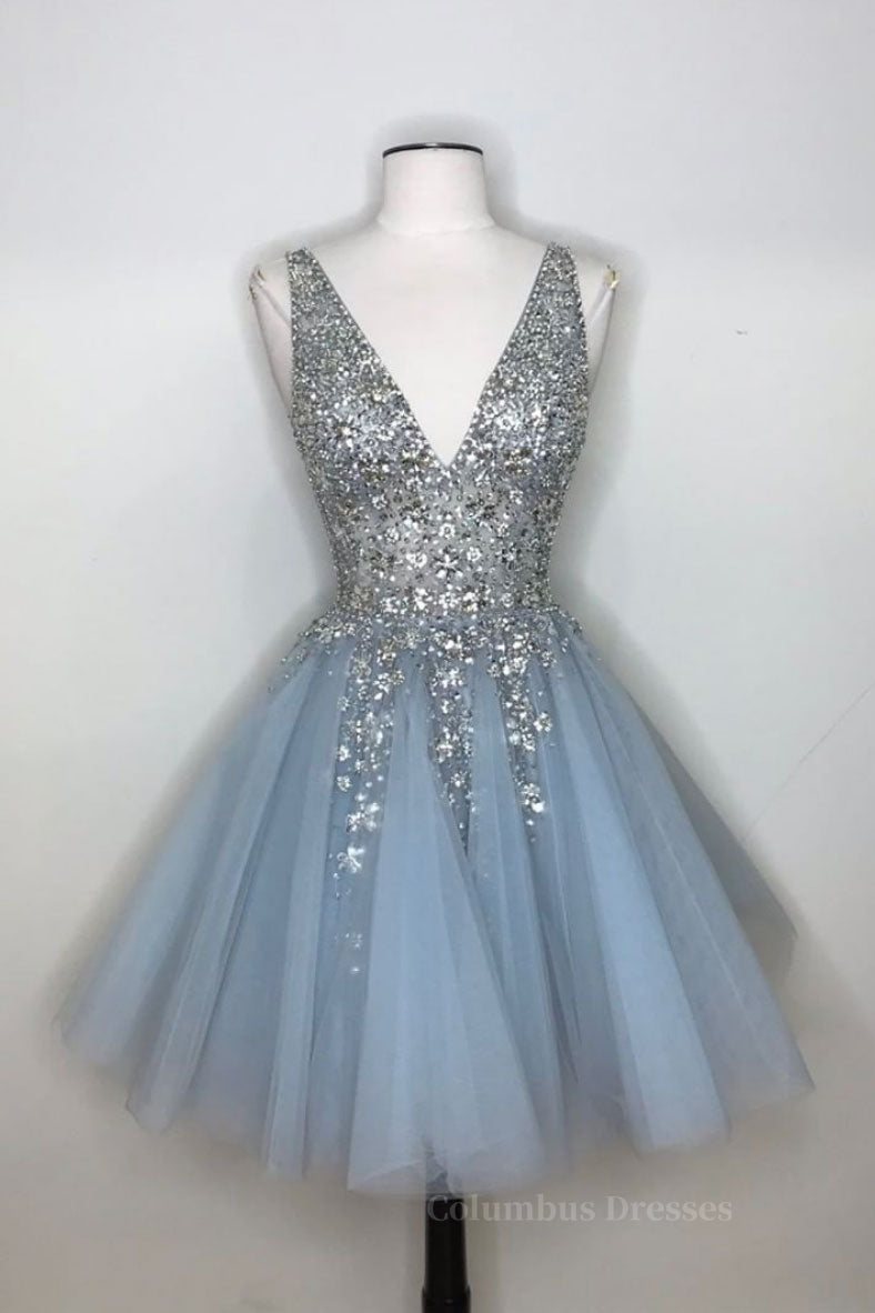 Black Long Dress, Blue v neck tulle sequin short prom dress, blue homecoming dress