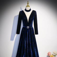 Wedding Dresses, Blue Velvet Long Sleeves Floor Length Wedding Party Dress, Blue Formal Gown