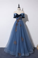 Prom Dresses Unique, Blue Velvet Tulle Long A-Line Prom Dress, Off the Shoulder Evening Dress