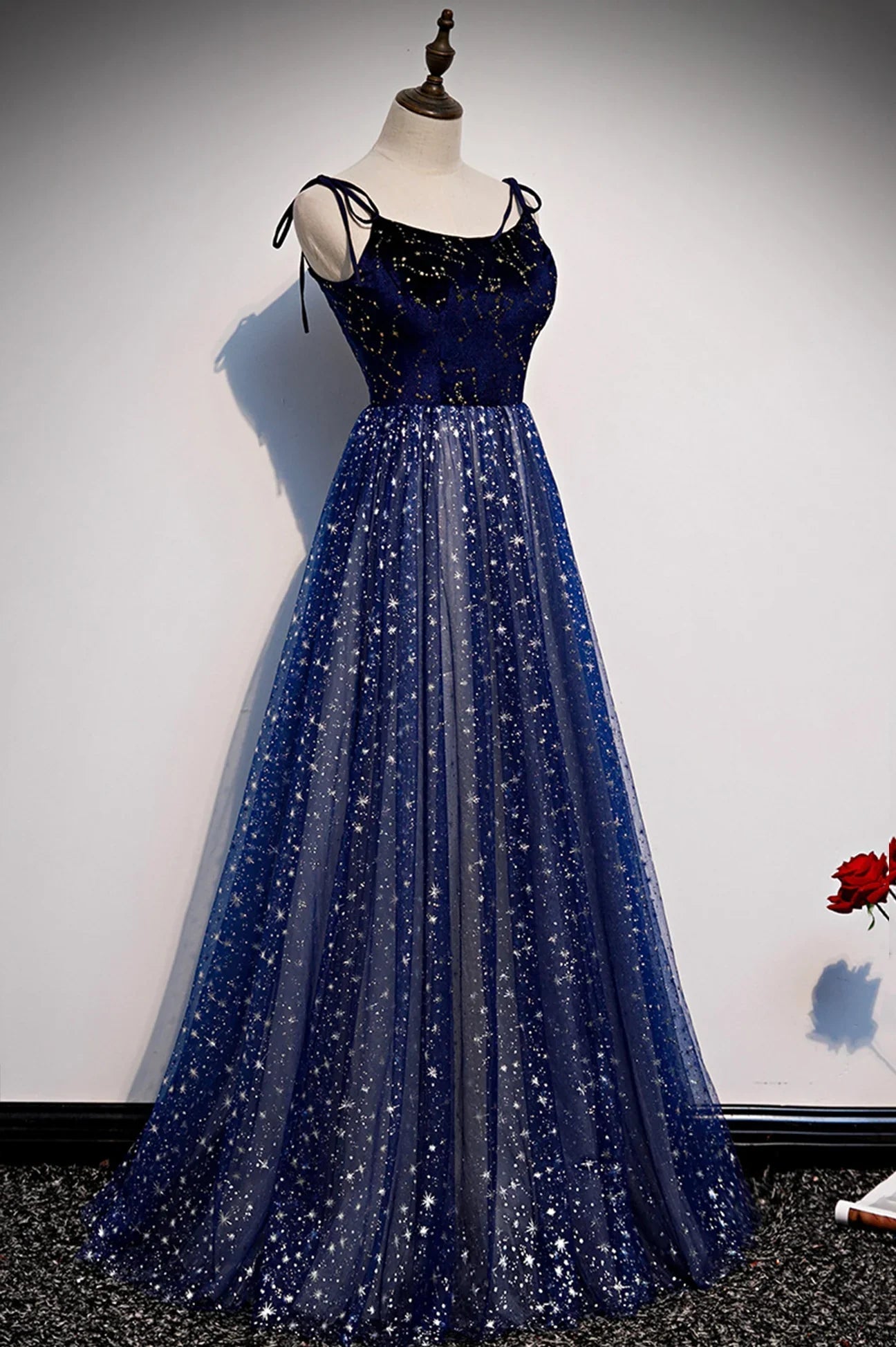 Prom Dresses Blue Long, Blue Velvet Tulle Long Prom Dress, A-Line Evening Party Dress