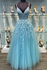 Cute Summer Dress, Blue V-Neck Tulle Long Prom Dresses, A-Line Evening Dresses with Lace