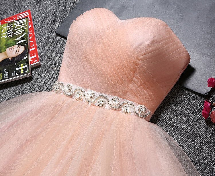 Homecoming Dress With Tulle, Blush Pink Tulle Strapless Sweetheart Neck Short Prom Dresses,Mini Homecoming Dress