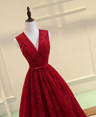 Classy Outfit Women, Burgundy V Neck Lace Long Prom Dress, Burgundy Evening Dress