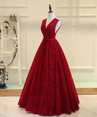 Black Tie Dress, Burgundy V Neck Lace Long Prom Dress, Burgundy Evening Dress