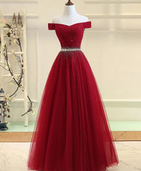 Bridesmaids Dresses Fall, Burgundy Tulle Off Shoulder Long Prom Dress, Burgundy Evening Dress