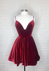 Party Dress New, Burgundy V-Neck Velvet Short Prom Dresses, A-Line Party Dresses