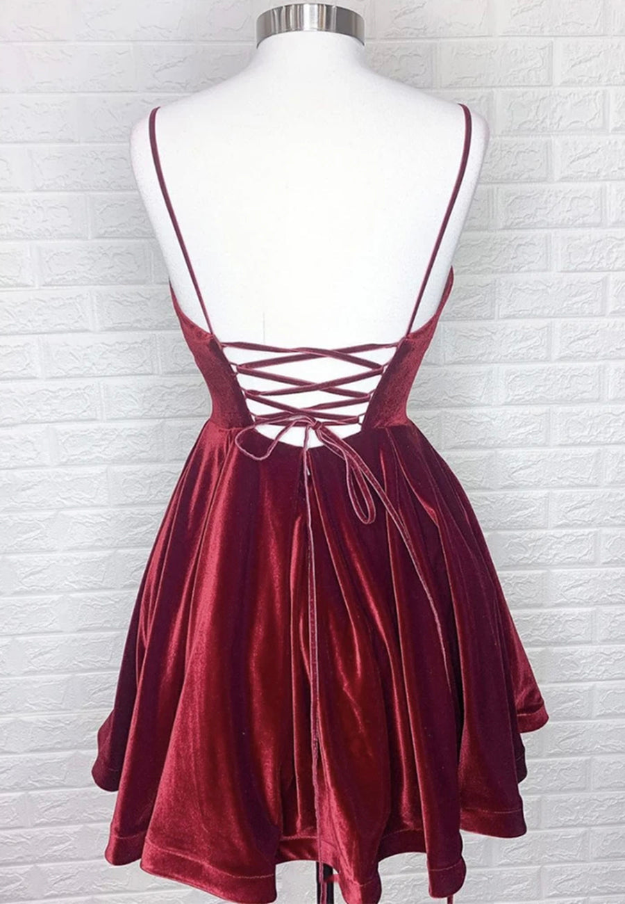 Party Dress Outfit Ideas, Burgundy V-Neck Velvet Short Prom Dresses, A-Line Party Dresses