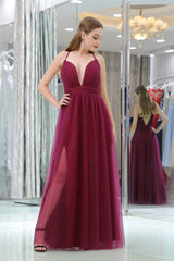 Bridesmaid Dresses For Beach Wedding, Burgundy A Line Floor Length Deep V Neck Sleeveless Side Slit Prom Dresses