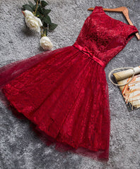 Party Dresses Websites, Burgundy A Line Lace Short Prom Dress, Burgundy Evening Dress