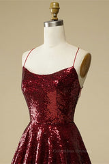 Bridesmaid Dresses With Lace, Burgundy A-line Lace-Up Back Sequins Mini Homecoming Dress