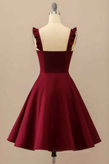 Party Dress Code, Burgundy A-line Ruffle Straps Satin Mini Homecoming Dress