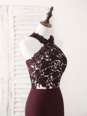 Prom Dresses Open Backs, Burgundy Lace Mermaid Long Prom Dress Burgundy Bridesmaid Dress